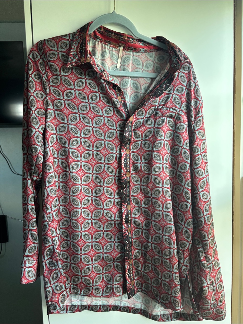 Free People Red and White Geometric Button-Down Top